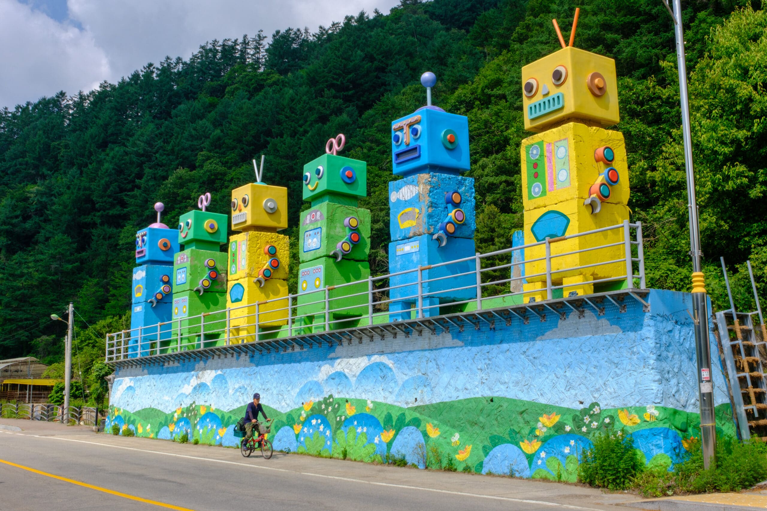 An imaginatively decorated anti-tank obstacle on a road near Hwacheon.