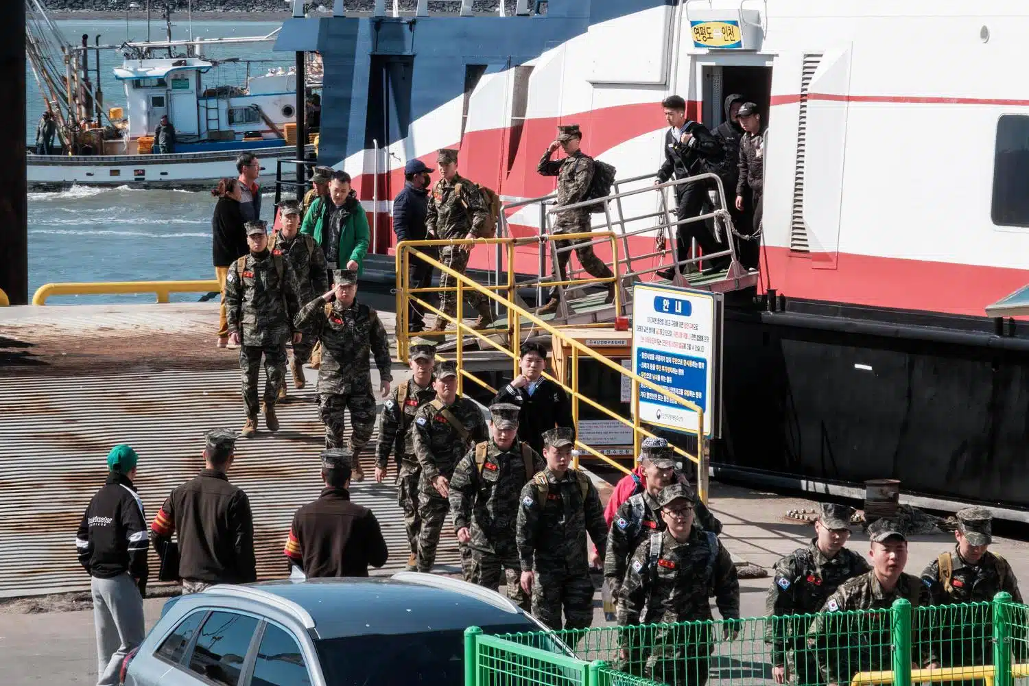 yeonpyeong-ferry-soldiers South Korean Marines and sailors arrive by ferry at Yeonpyeongdo, a remote island close to North Korea in the Yellow Sea.