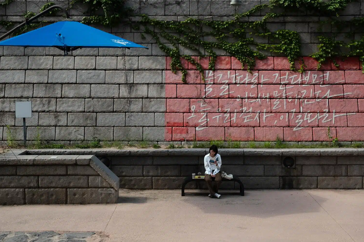 cheonggyecheon-reader-2026 A woman is reading a book on a bench along the Cheonggyecheon Stream in Seoul
