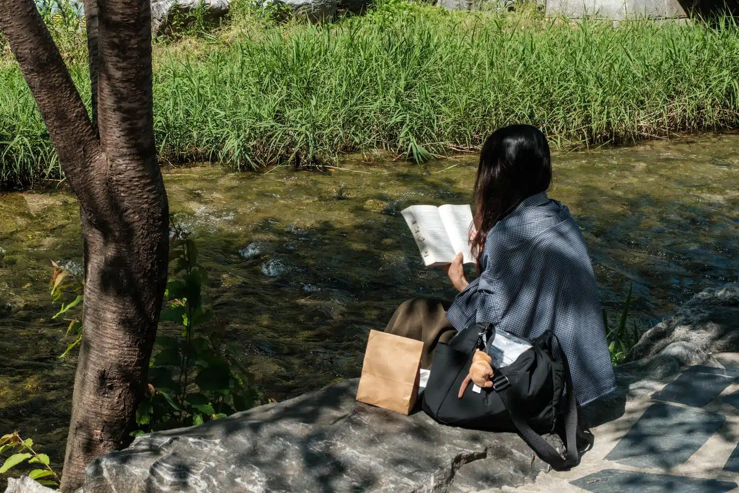 cheonggyecheon-reader-20260523 A woman reads a book on the bank of Cheonggyecheon stream in Seoul by a hot May afternoon.